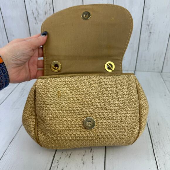 VTG De Veechi Tan/Gold Neutral Woven Jute Italian Clutch Shoulder Bag Beachy - Picture 6 of 11